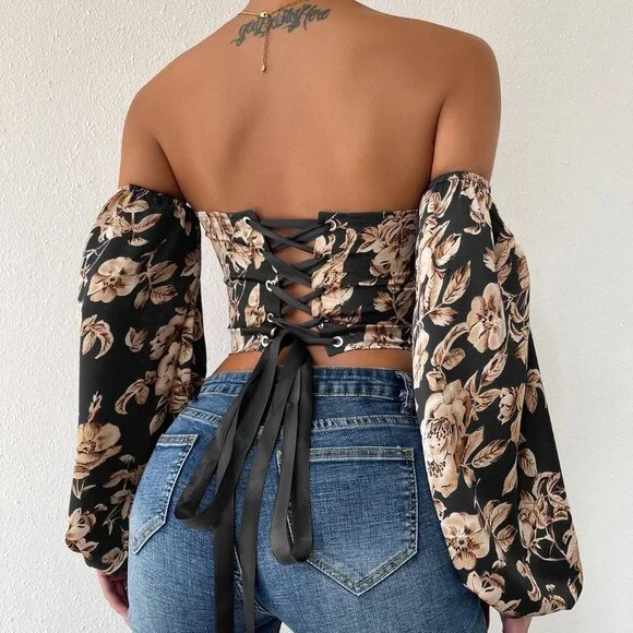 Multicolor Boho Women's Off Shoulder Floral Print Lantern Sleeve Crop Top - Picture 2 of 6